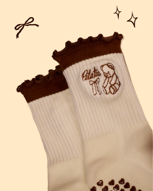Brown Ruffled Teddy Bear Grip Sock